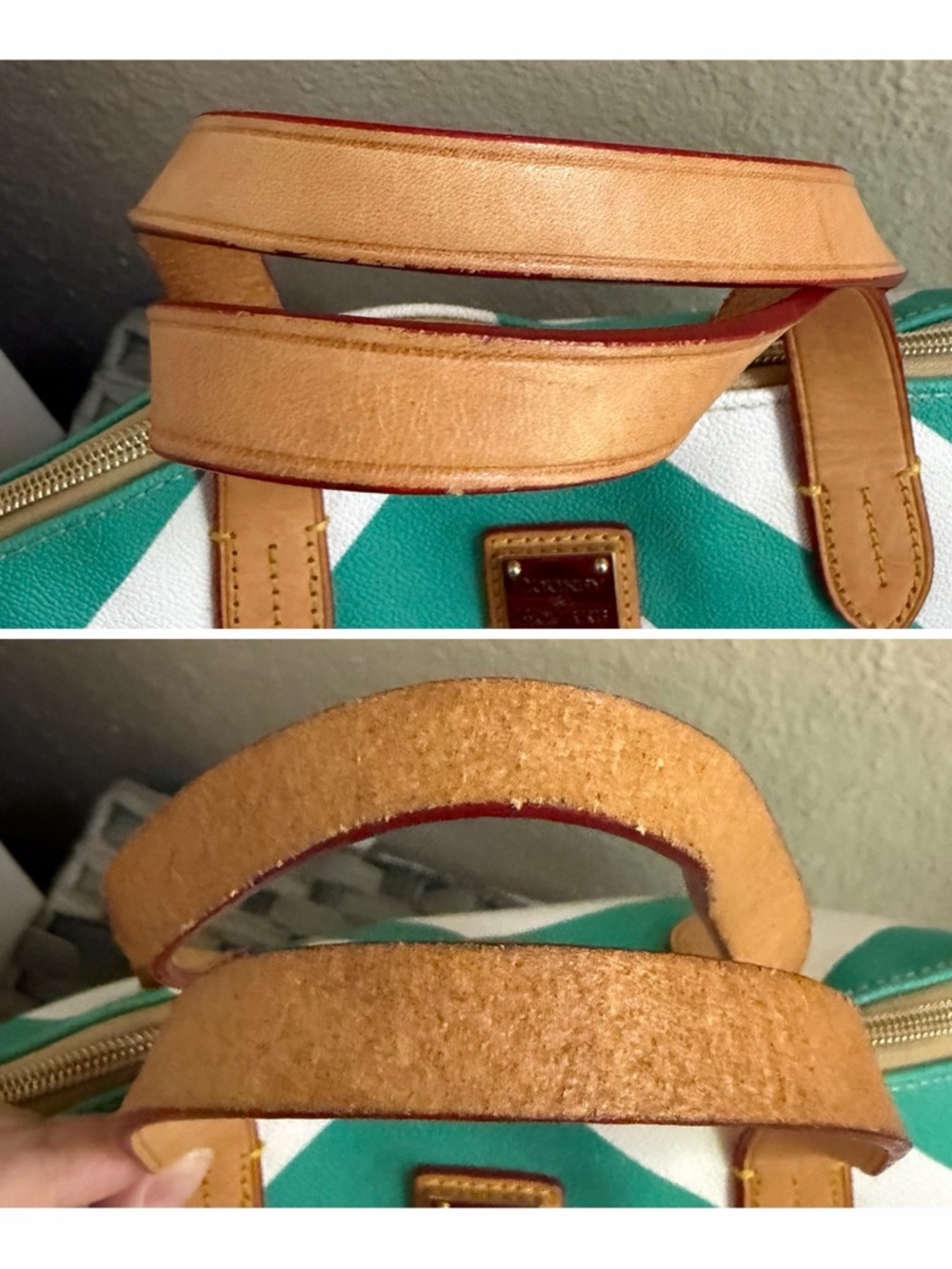 Dooney & Bourke Olivia Chevron Satchel Teal & White Stripes - Leather Top Handle - Picture 15 of 15